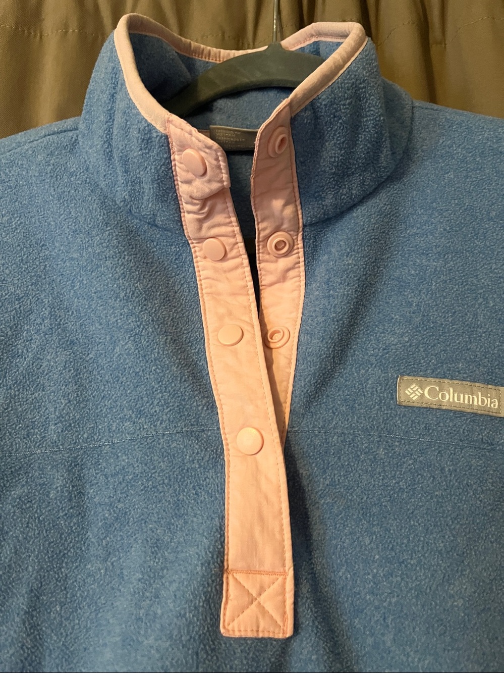 Columbia Women’s Blue Fleece Snap Pullover with Pink Trim